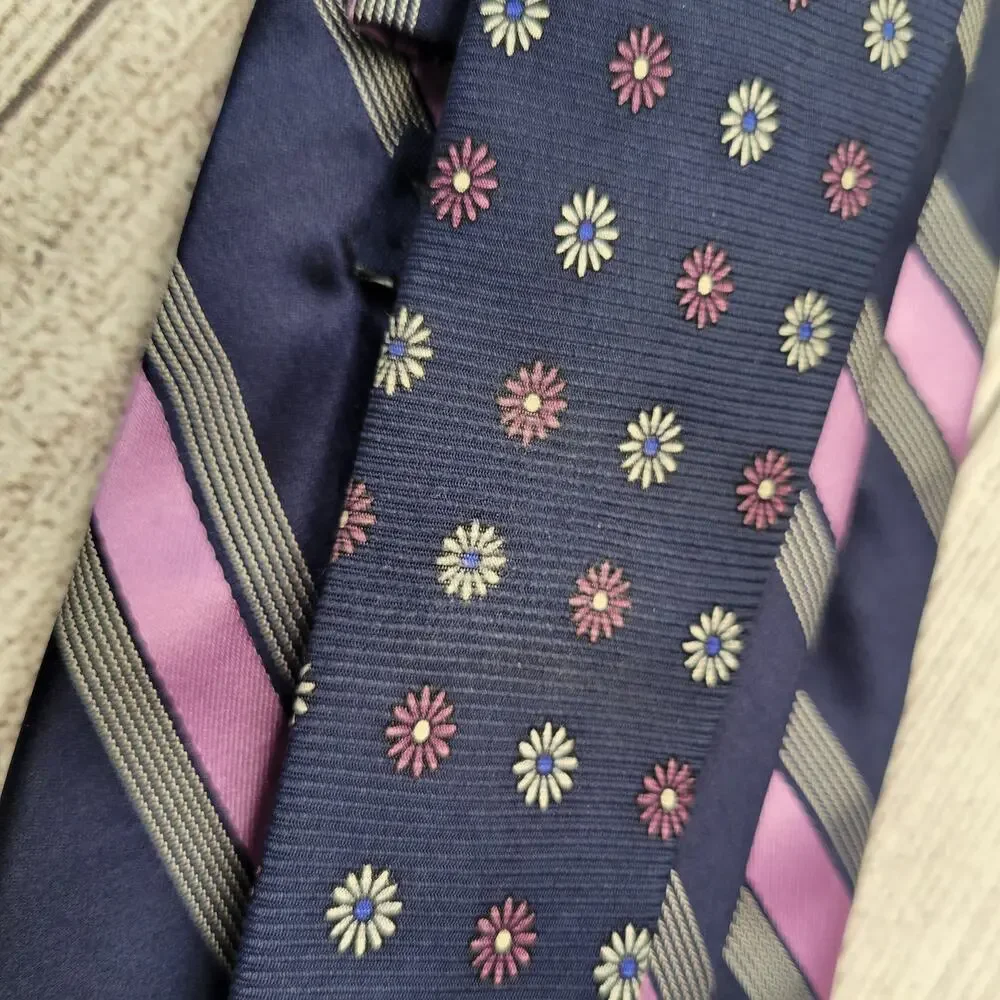 Grant Thomas Lot of 2 Neck Ties Navy, Gray, Purple Prints